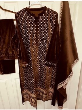 Desi Pakistani Outfit- Embroidered Velvet Kurta pant Set - Deep Brown